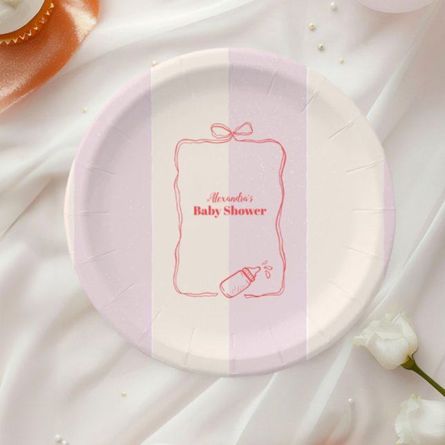 Pink Stripe Coquette Bow  Baby Shower Paper Plates (Creator Uploaded)