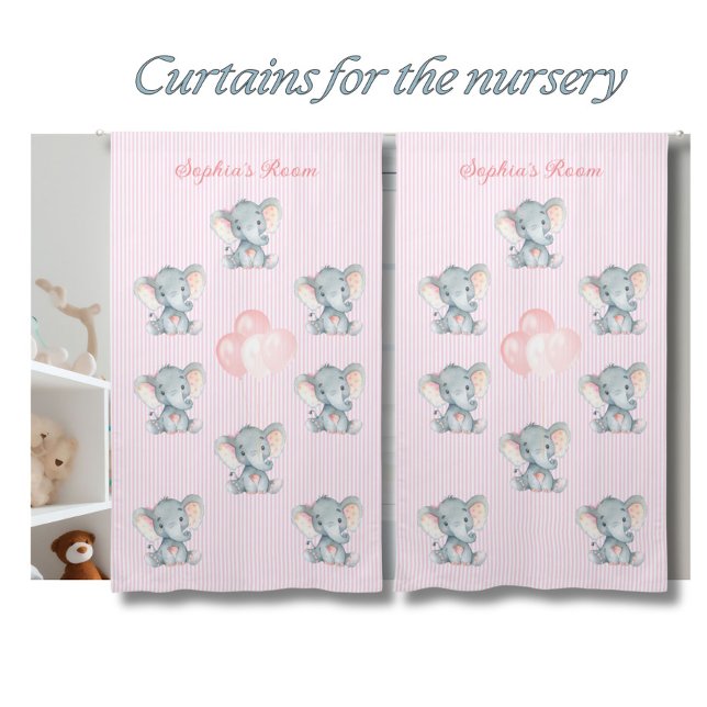 Pink Stripe Cute Elephant Baby Girl Room  Blackout Curtains (Creator Uploaded)