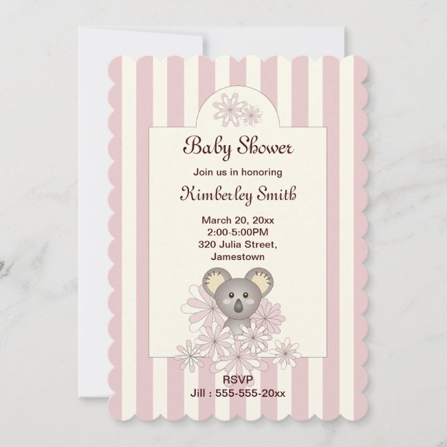 Pink Stripe Cute Koala Baby Girl Shower Invitation