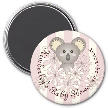 Pink Stripe Cute Koala Girl Baby Shower Favor Magnet by WindUpEgg at Zazzle