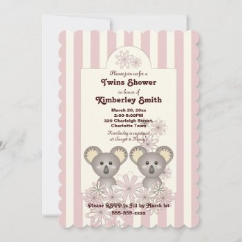 Pink Stripe Cute Koala Twin Girl Baby Shower Invitation by WindUpEgg at Zazzle