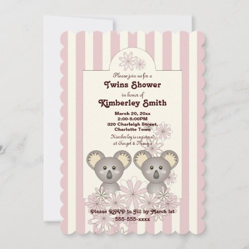 Pink Stripe Cute Koala Twin Girl Baby Shower Invitation