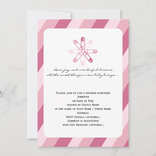 Pink Stripe Diaper Pin Baby Girl Shower Announcements