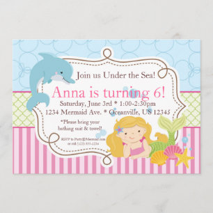 Pink Stripe, Dolphin, Girl Mermaid Birthday Party Invitation