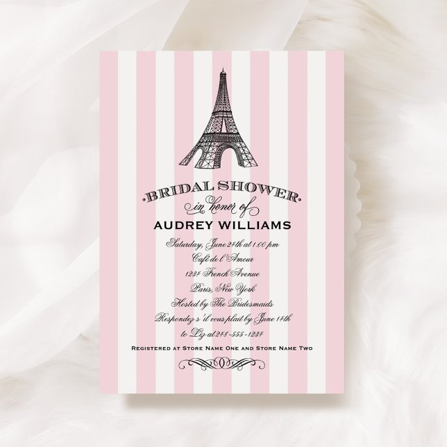 Pink Stripe Eiffel Tower Wedding Bridal Shower Invitation (Creator Uploaded)