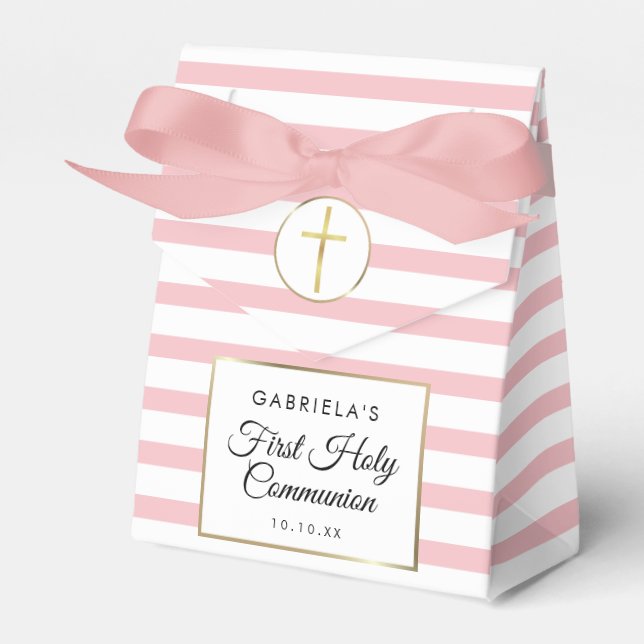 Pink Stripe Elegant Gold First Holy Communion Favor Boxes (Front Side)