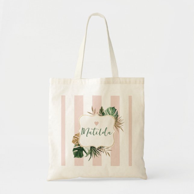 Pink stripe elegant tropical Bridesmaid name Tote Bag (Front)