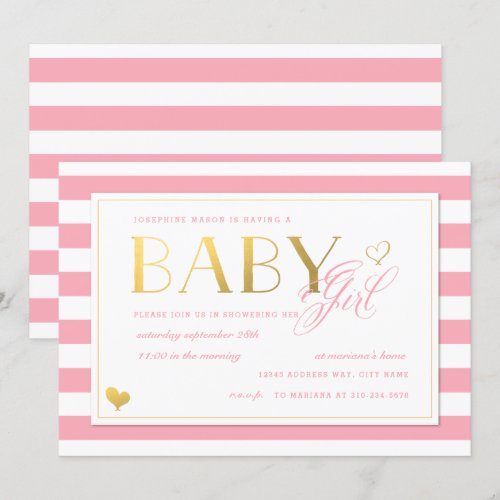 Pink &amp; White Stripe Baby Girl Shower with Gold Custom Invitation