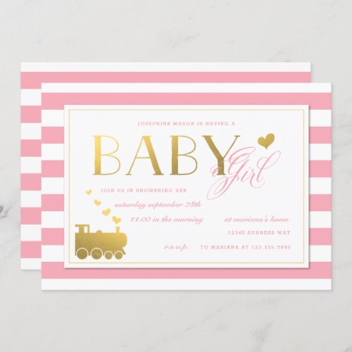 Pink Stripe Faux Gold Train Baby Girls Shower Invitation