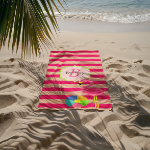 Pink Stripe Flamingo Monogrammed Beach Towel