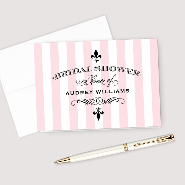 Pink Stripe Fleur de Lis Bridal Shower Wedding Thank You Card (Creator Uploaded)