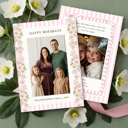 Pink Stripe Floral Garland Happy Holidays Holiday Card