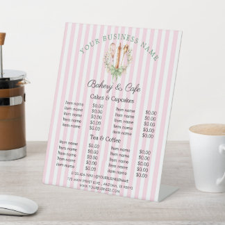 Pink Stripe & Floral Utensils Cooking Price List Pedestal Sign