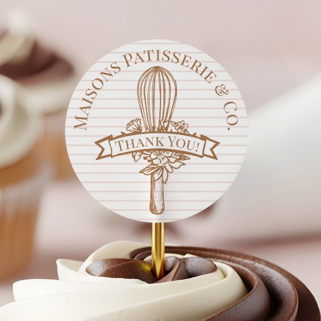 Pink Stripe Floral Whisk Pastry Bakery Thank You Classic Round Sticker (Pink Stripe Floral Whisk Pastry Bakery Thank You Classic Round Sticker)