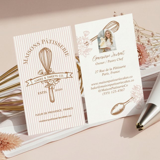 Pink Stripe Floral Whisk Pastry Cakes Bakery Chef Business Card (Pink Stripe Floral Whisk Pastry Cakes Bakery Chef Business Card)