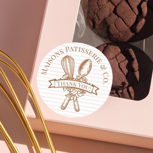 Pink Stripe Floral Whisk Spoon Bakery Thank You Classic Round Sticker (Pink Stripe Floral Whisk Spoon Bakery Thank You Classic Round Sticker)