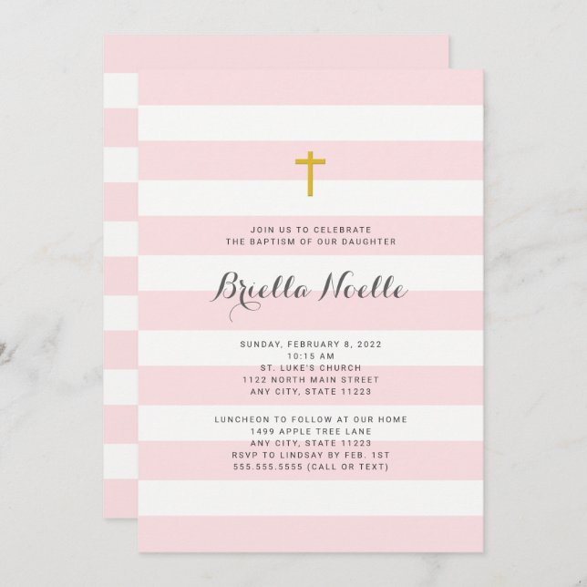 Pink Stripe Girl Baptism or First Communion invite (Front/Back)