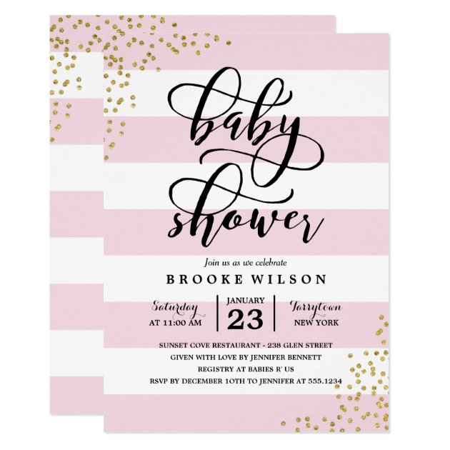 Pink Stripe Glitter Dots Baby Shower Invitation