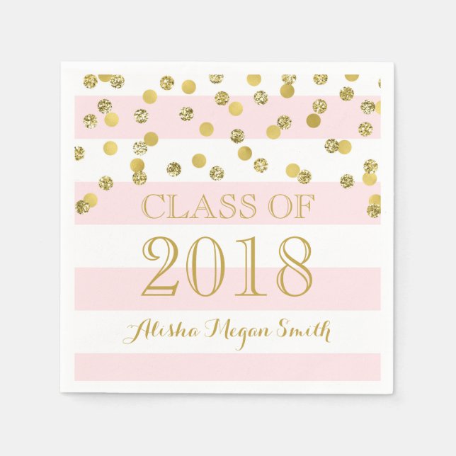 Pink Stripe Gold Confetti Class of 2018 Graduation Paper Napkins (Front)