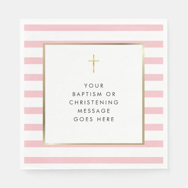 Pink Stripe Gold Cross Baptism Christening Message Napkins (Front)