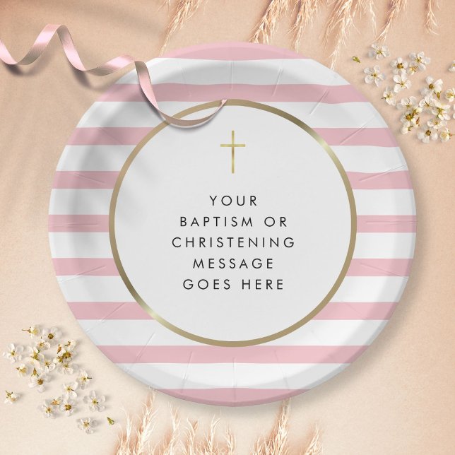 Pink Stripe Gold Cross Baptism Christening Message Paper Plates (Creator Uploaded)