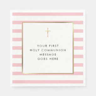 Pink Stripe Gold Cross Holy Communion Message Napkins
