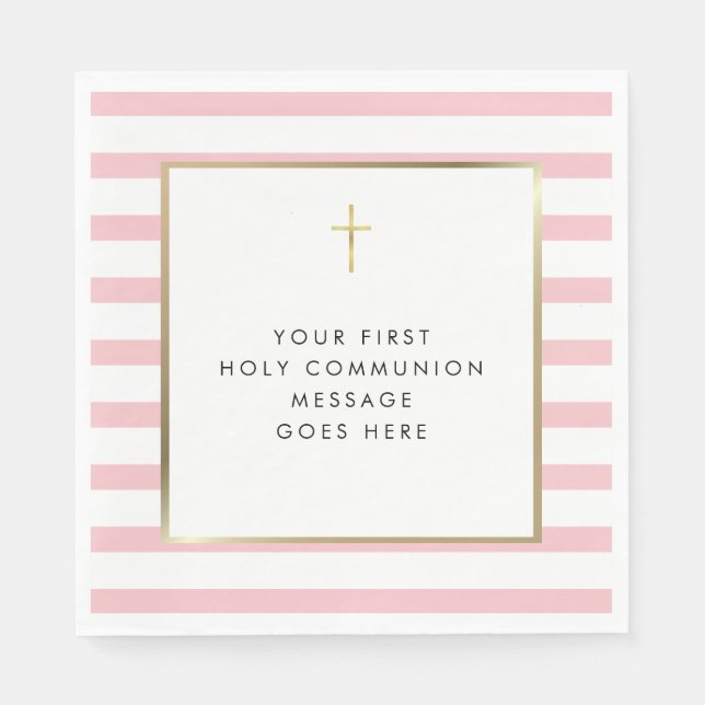 Pink Stripe Gold Cross Holy Communion Message Napkins (Front)