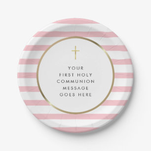 Pink Stripe Gold Cross Holy Communion Message Paper Plates