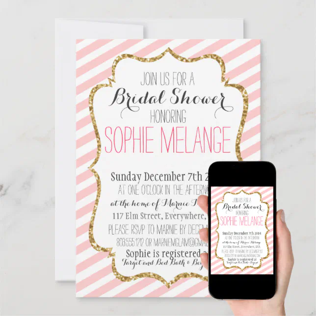 Pink Stripe Gold Glitter Bridal Shower Invitation Zazzle