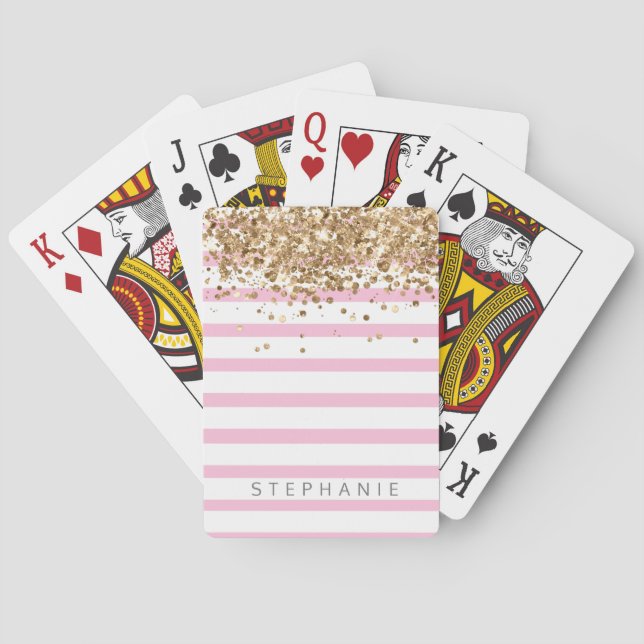 Pink stripe gold glitter custom name poker cards (Back)