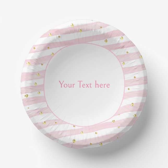 Pink stripe gold glitter dots birthday party guest paper bowls (Front)