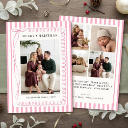 Pink Stripe Hand Drawn Bow Merry Christmas Photo Holiday Card