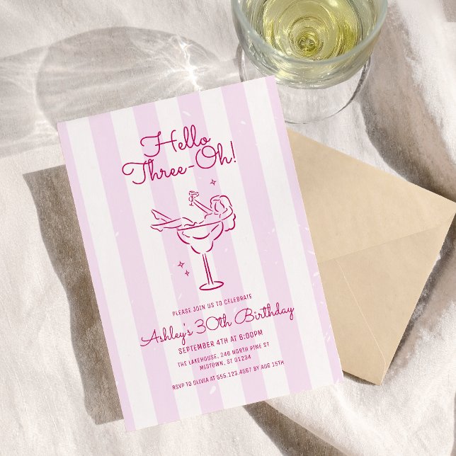 Pink Stripe Hand Drawn Cocktail 30th Birthday Invitation (Creator Uploaded)
