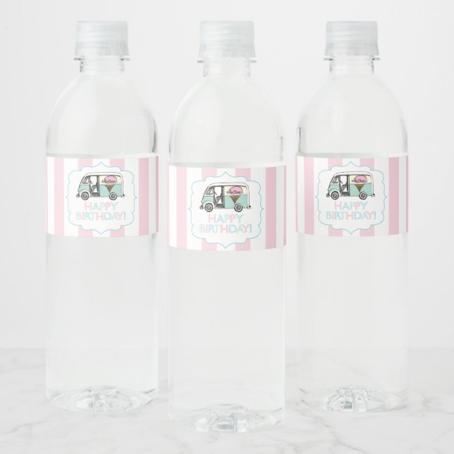 Pink Stripe Ice Cream Birthday Water Bottle Labels (Bottles)