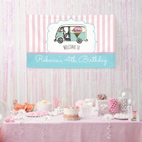 Pink Stripe Ice Cream Truck Birthday Banner