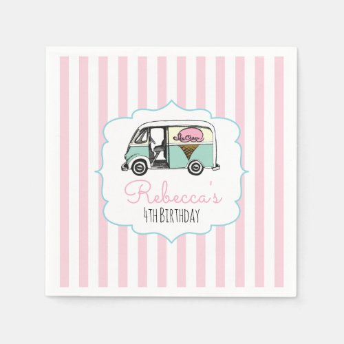 Pink Stripe Ice Cream Truck Birthday Paper Napkins