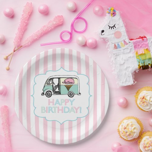 Pink Stripe Ice Cream Truck  Birthday Paper Plates