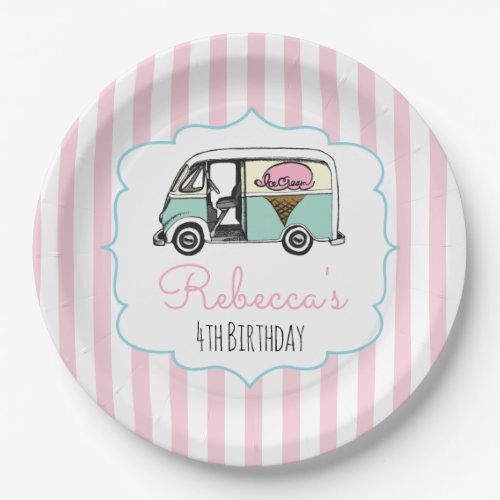 Pink Stripe Ice Cream Truck Birthday Paper Plates