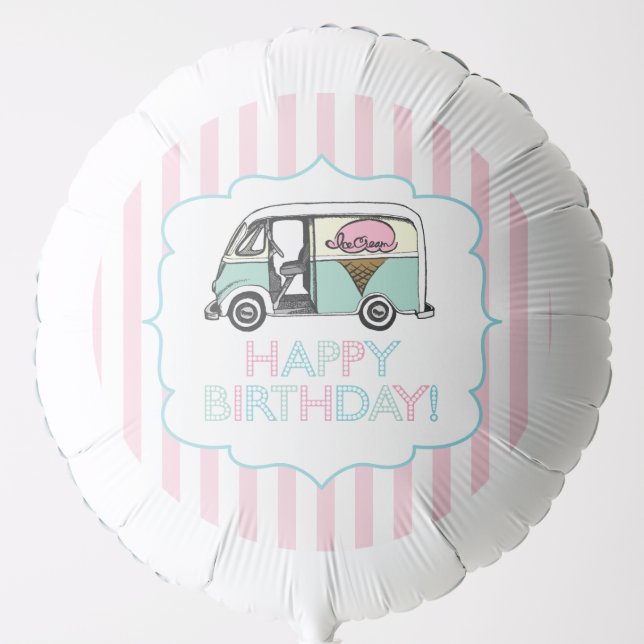 Pink Stripe Ice Cream Truck Happy Birthday Balloon (Front)