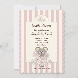 Pink Stripe Koala Bear Baby Girl Shower Invitation