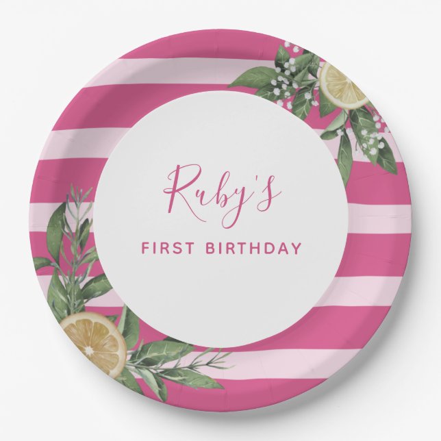 Pink Stripe Lemon Citrus First Birthday Party  Paper Plates (Front)