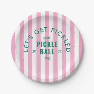 Pink Stripe Let's Get Pickled Après Pickleball Paper Plates