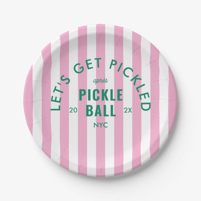 Pink Stripe Let's Get Pickled Après Pickleball  Paper Plates (Front)