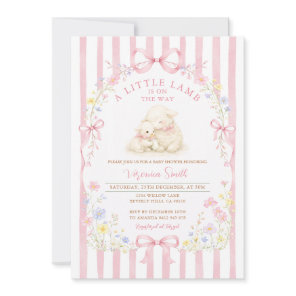 Pink Stripe Little Lamb Baby Shower Floral Invitation