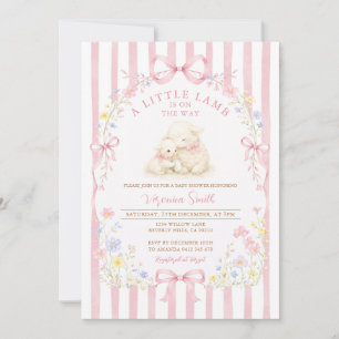 Pink Stripe Little Lamb Baby Shower Floral Invitation