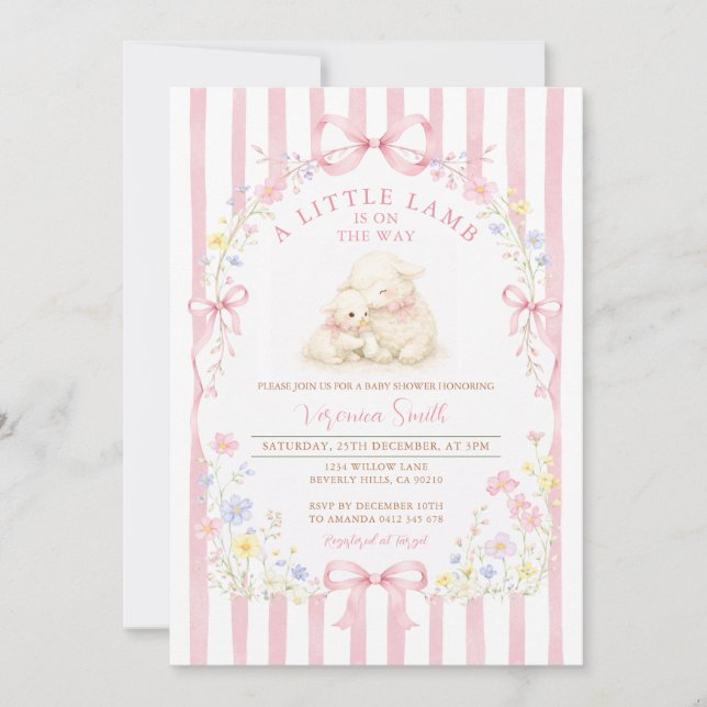 Pink Stripe Little Lamb Baby Shower Floral Invitation (Front)