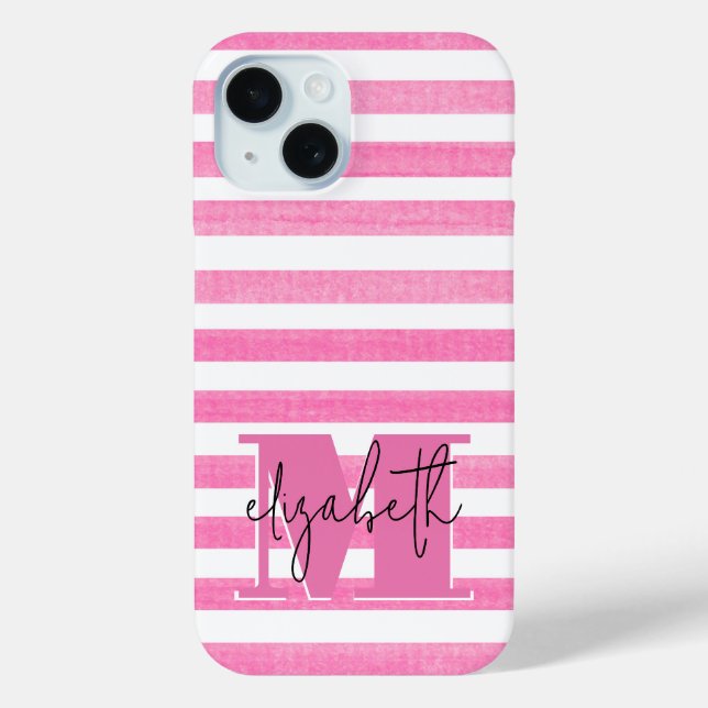 Pink Stripe Monogrammed Case-Mate iPhone Case (Back)