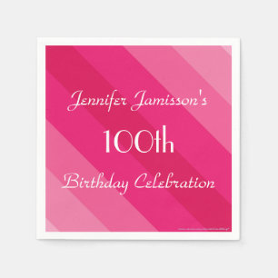 Pink Stripe, Name, 100th Birthday Party Paper Napkins