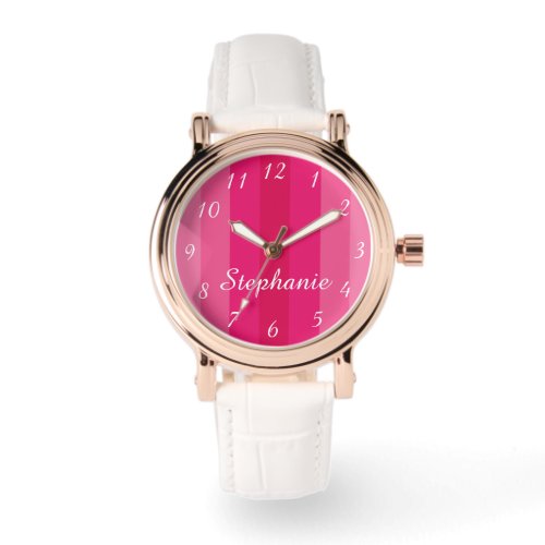 Pink Stripe Name Classy Rose Gold White Band Wrist Watch