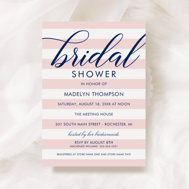 Pink Stripe Navy Wedding Bridal Shower Invitation (Creator Uploaded)